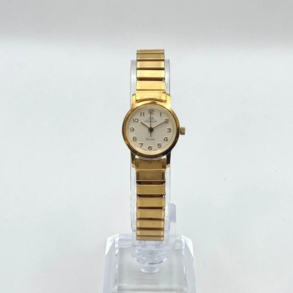 Vtg Jules Jurgensen Women's Watch 21mm Gold Tone Stretch New Battery SMALL 5.75